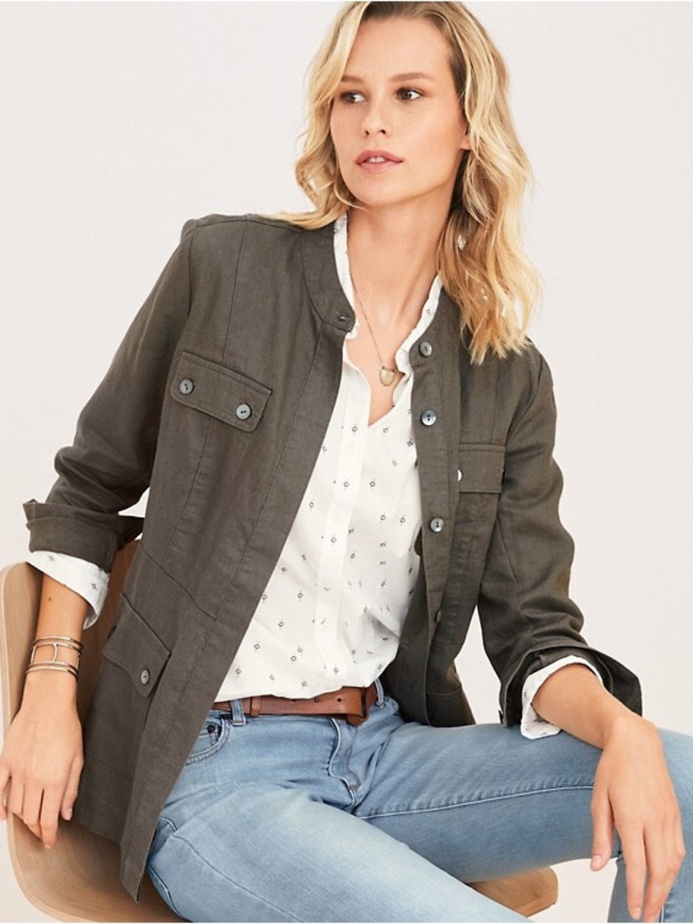 Garnet Hill Olive Green‎ Linen Cargo Shirt Jacket Size 14